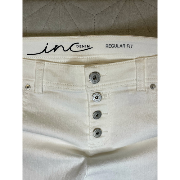INC Jeans Women's Size 4, White Regular Fit Angled Tassel Hem Button Fly Stretch - Picture 3 of 5